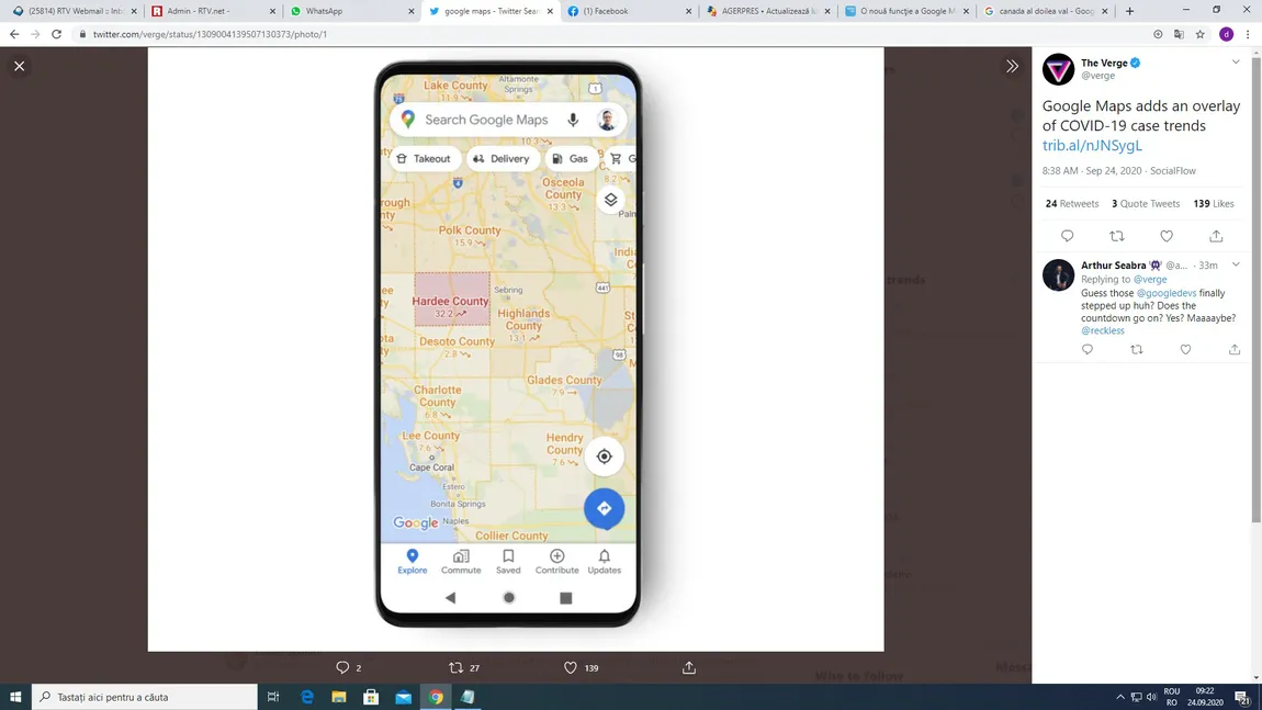 Google Maps introduce o nouă funcţie. Va afişa câte cazuri de Covid-19 sunt într-o anumită zonă geografică