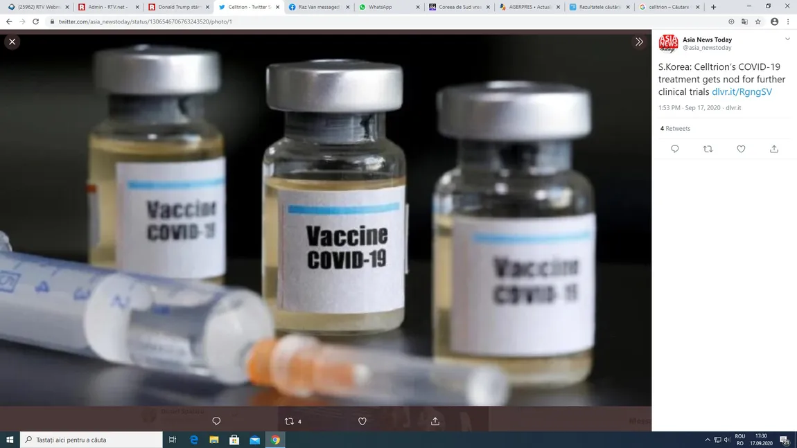 Tratamentul anti-Covid, testat pe oameni în România. Sud-coreenii de la Celltrion au ales ţara noastră pentru fazele 2 şi 3