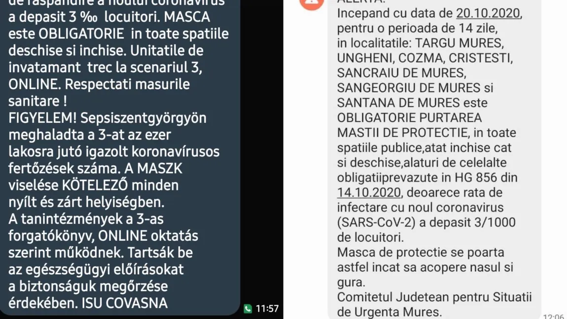 Mesajul RO-ALERT pentru cetăţenii din Sfântu Gheorghe a fost trimis BILINGV. La Târgu Mureş în română