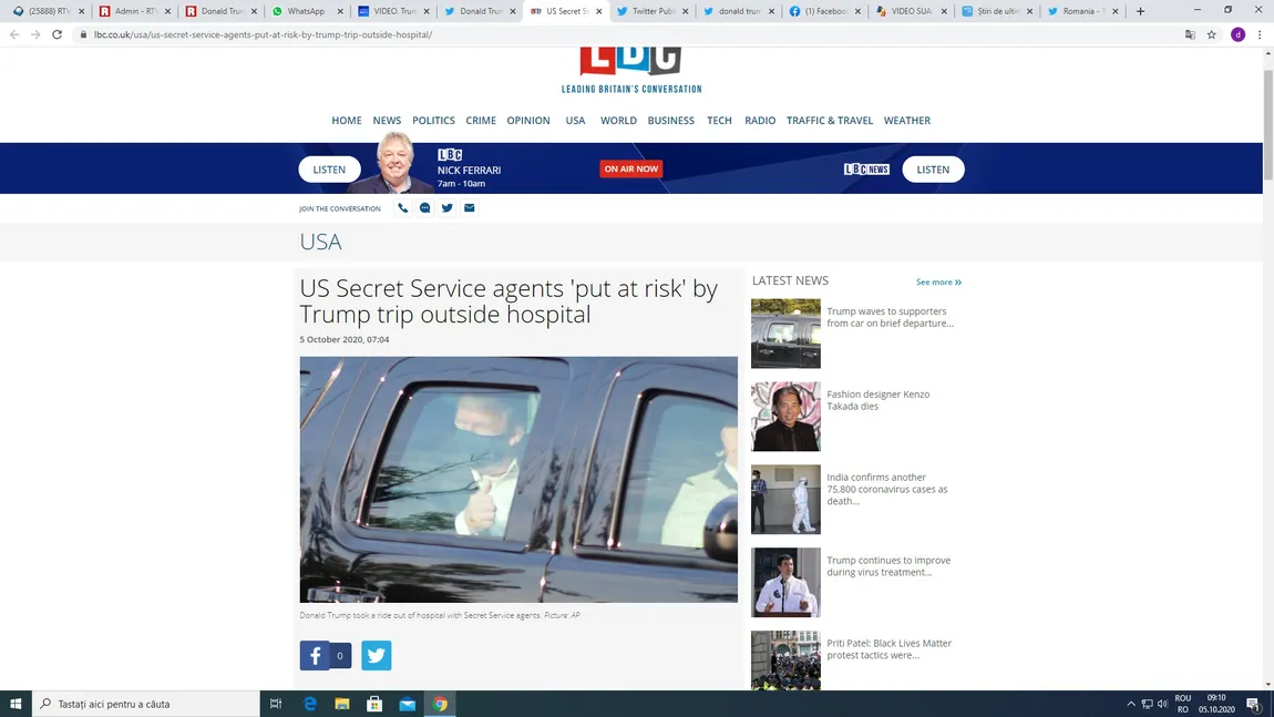 Donald Trump a părăsit pentru scurt timp spitalul unde era internat pentru coronavirus. Imagini cu preşedintele pe stradă VIDEO