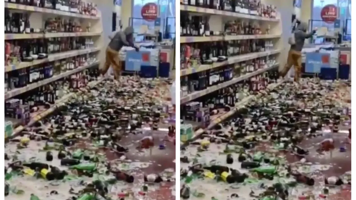 Dezastru într-un supermarket! A spart sute de sticle de băuturi alcoolice de pe rafturi și a aruncat cu ele și în clienți