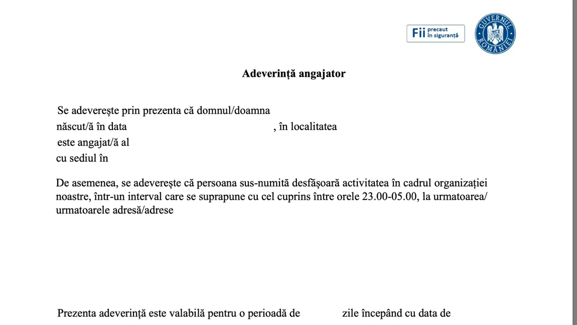 Model ADEVERINŢĂ de la angajator pentru persoanele care circulă în intervalul 23:00-05:00