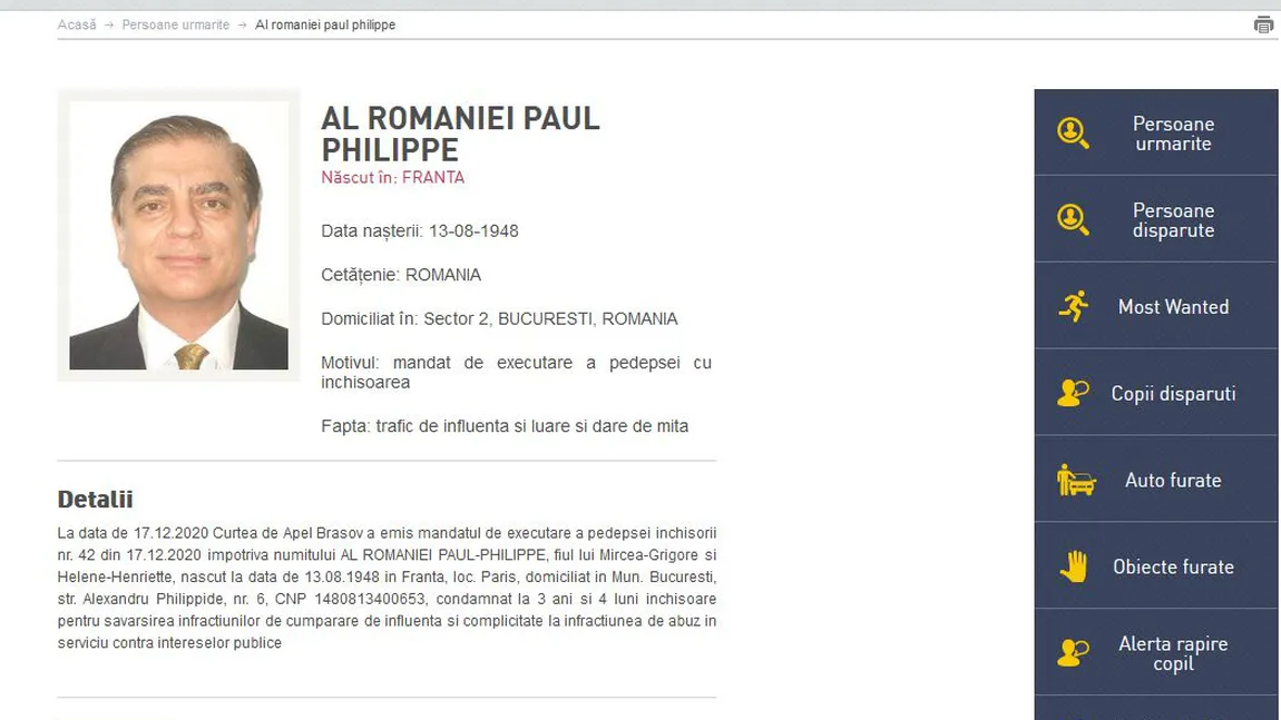 Prinţul Paul de România a fost dat în urmărire internaţională. Ar fi fugit în Portugalia după condamnarea în dosarul 