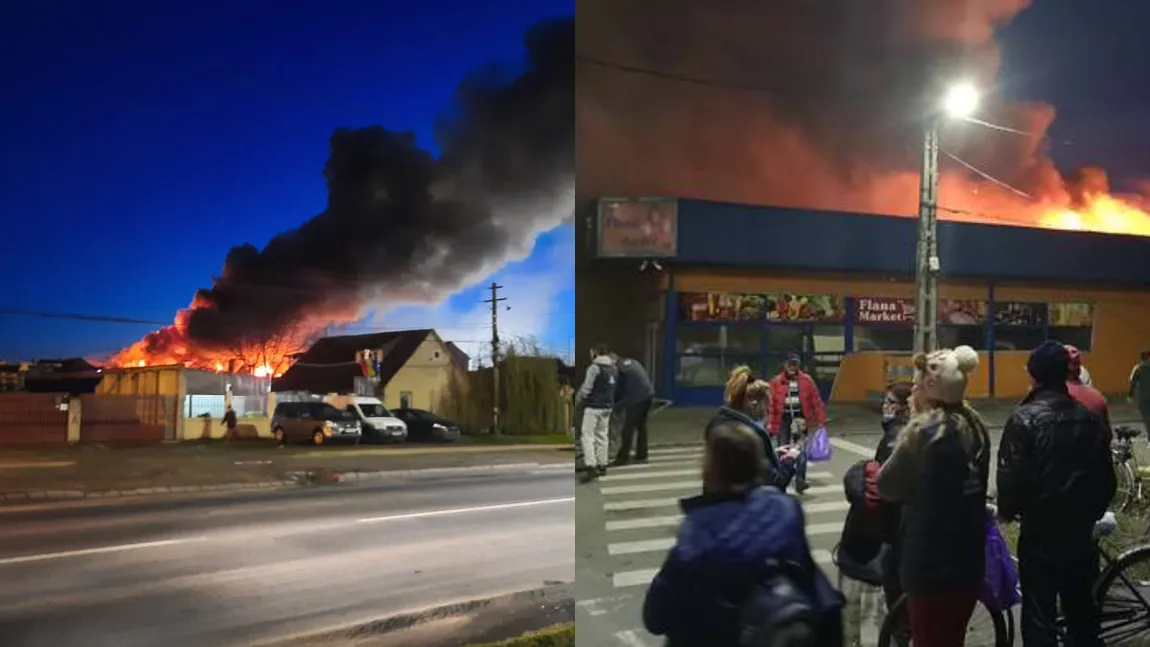 Supermarket în flăcări! Pompierii din Arad intervin cu trei autospeciale de stingere