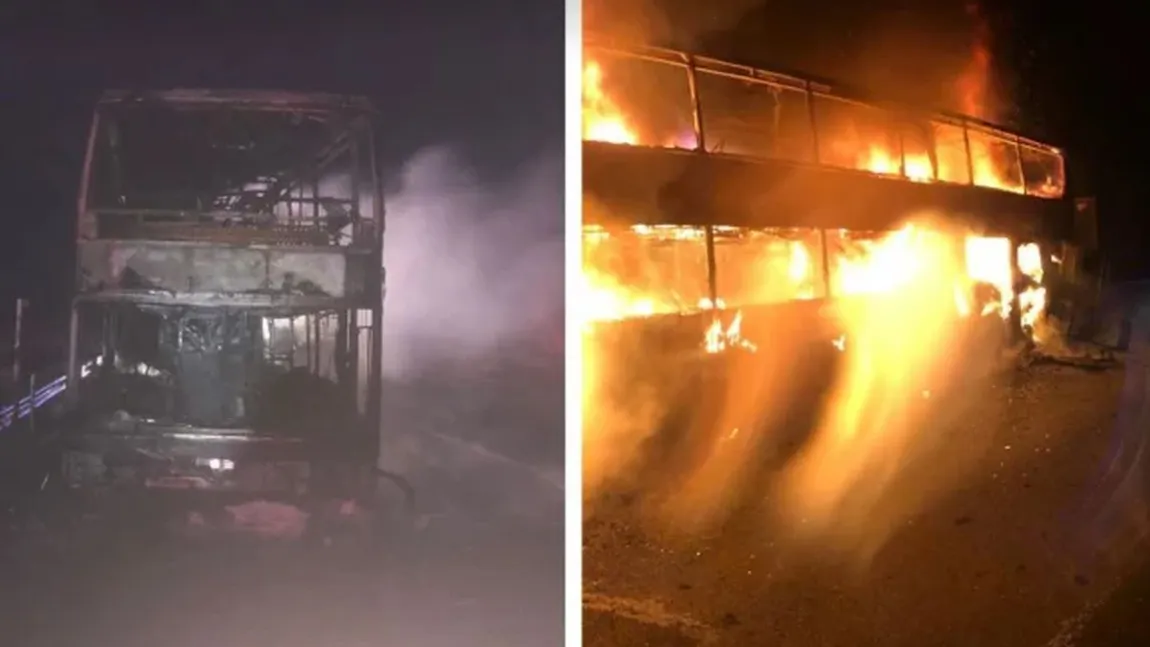 Un autocar cu 44 de pasageri români a luat foc în județul Sibiu. Automobilul a ars în întregime