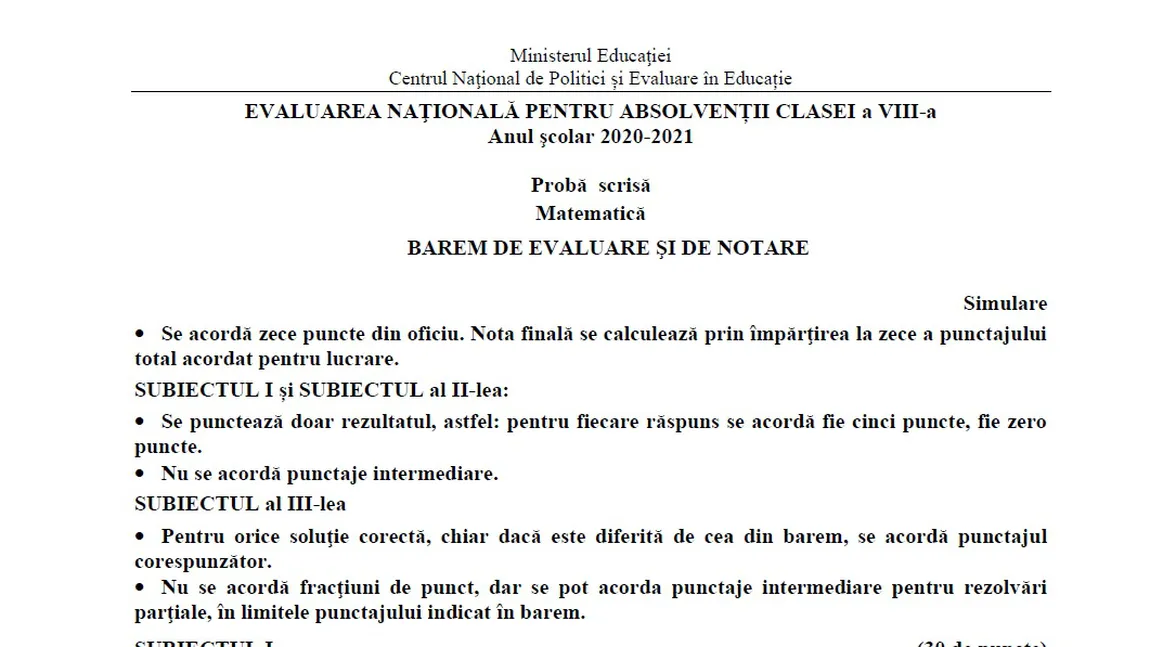 Barem matematică la Simulare Evaluare Naţională 2021. Cum puteai obţine punctaj maxim