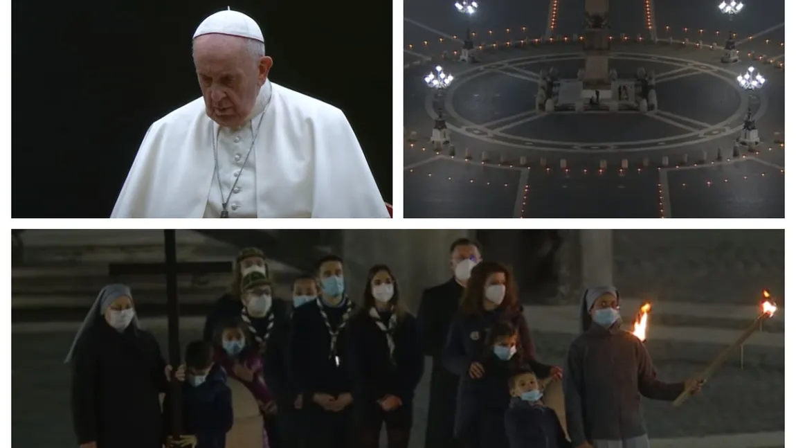 Paşte catolic 2021. Papa Francisc a condus procesiunea ''Drumul Crucii'' pe esplanada bazilicii vaticane fără public