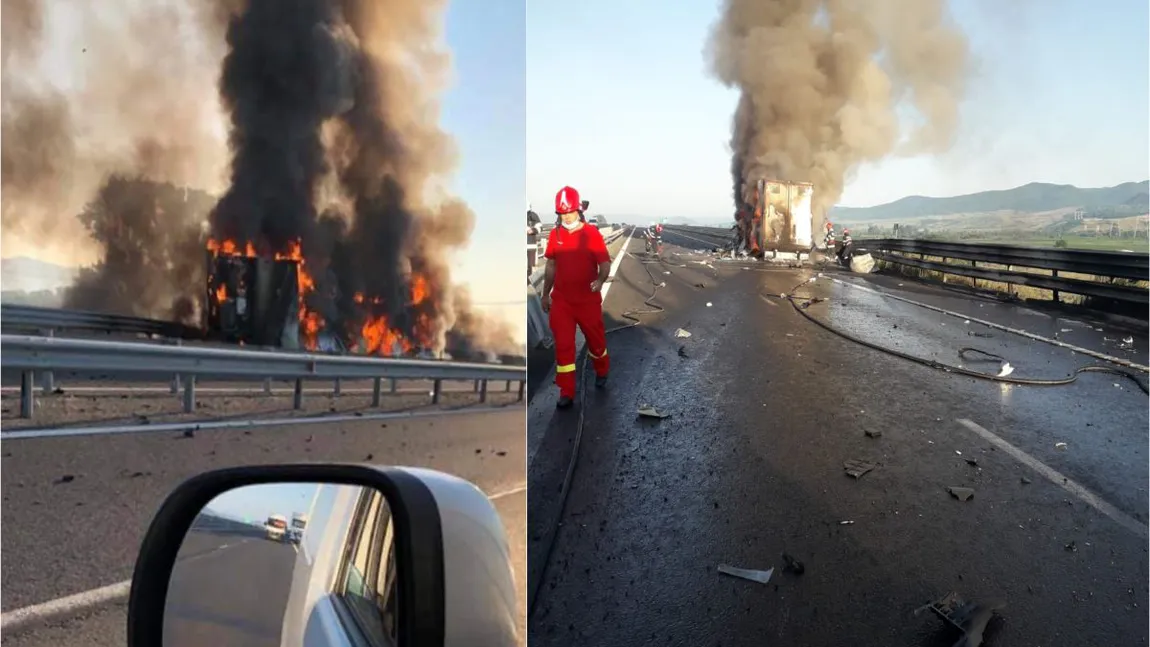 Incendiu în apropierea municipiului Orăştiei, pe Autostrada A1. Un tir a izbucnit în flăcări!