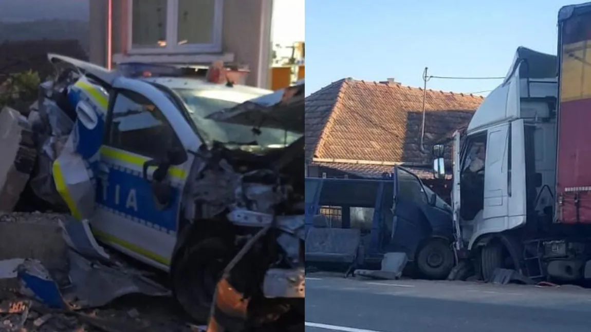 Accident şocant în Sălaj. Mașini de poliție și jandarmi, spulberate de un TIR - FOTO