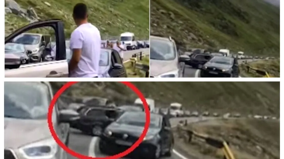 Bătaie între şoferi pe Transfăgărăşan. Un conducător auto nervos a plecat cu un altul pe capotă VIDEO
