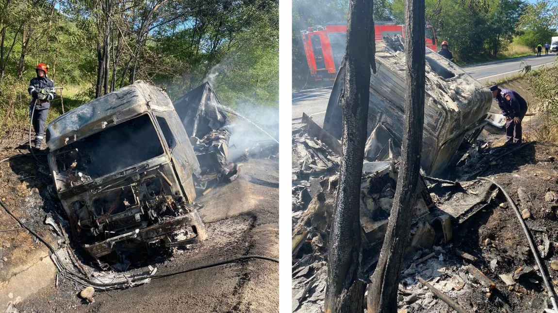 Accident şocant în Hunedoara. Un TIR a rupt un cap de pod şi a izbucnit în flăcări