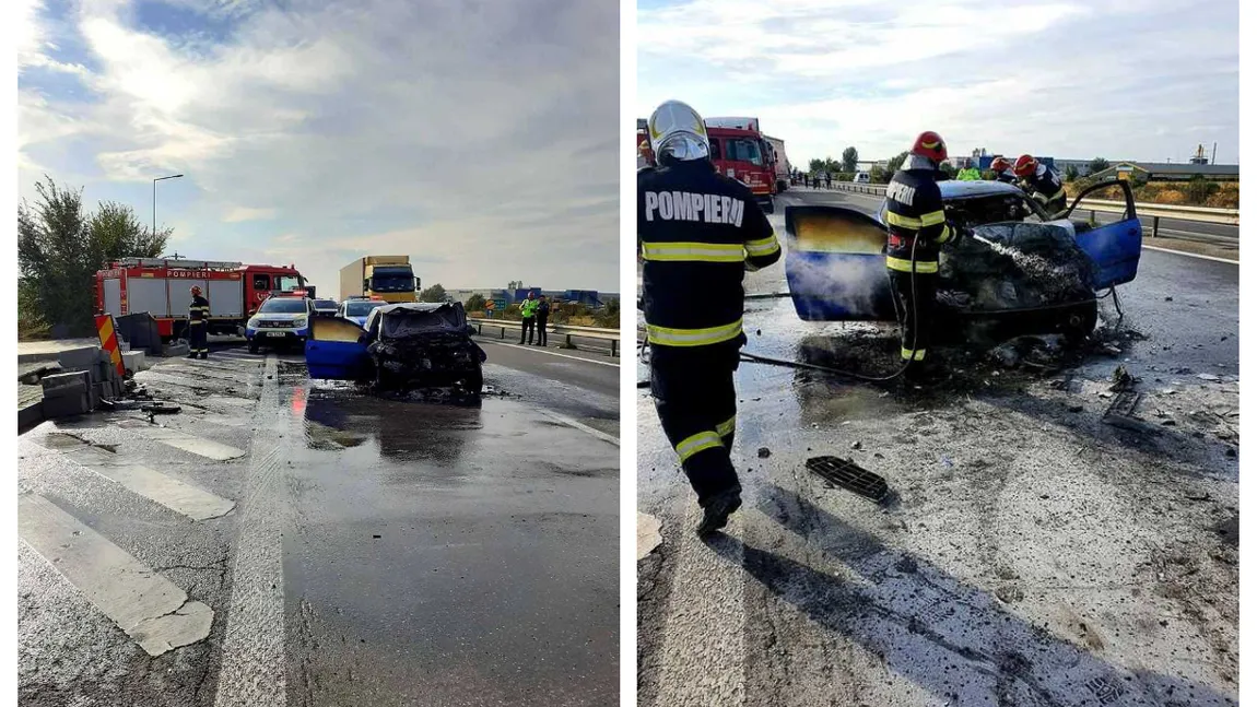 Accident grav pe A1. O maşină a luat foc, după ce s-a ciocnit cu un autocar în care se aflau 30 de persoane
