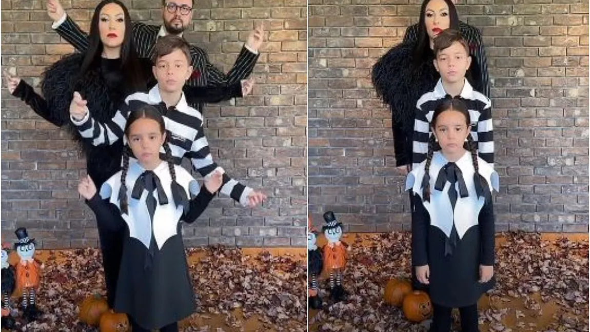 Familia Măruță, costumată în familia Addams de Halloween 2021. Imaginile cu Andra întruchipând-o pe Morticia Addams au devenit virale - VIDEO