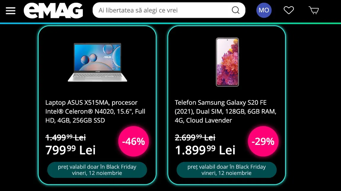 Black Friday 2021. eMAG, prețuri de pomană în Vinerea Neagră. Laptop Asus la doar 800 de lei și telefon Samsung Galaxy S20 cu doar 1900 de lei!