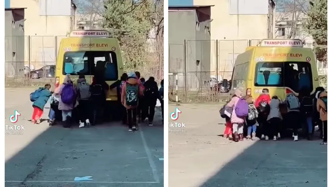 Microbuz şcolar, împins de elevi ca să pornească. Imagini virale