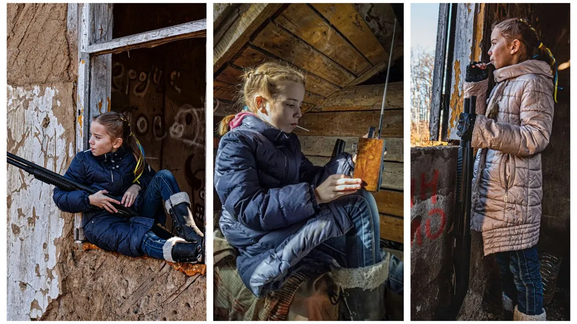 Adevărul din spatele fotografiei cu fata de 9 ani, din Kiev, care ține o armă în mână în timp ce mănâncă o acadea