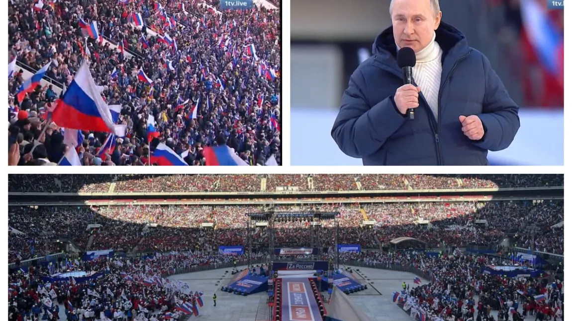 Mii de ruşi au sărbătorit pe stadion anexarea Crimeei în 2014, în timp ce războiul din Ucraina este din ce în ce mai sângeros