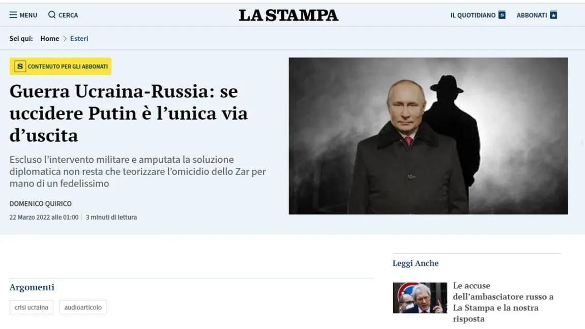 Ziarul italian La Stampa a cerut asasinarea lui Vladimir Putin. Articolul a stârnit furia Moscovei