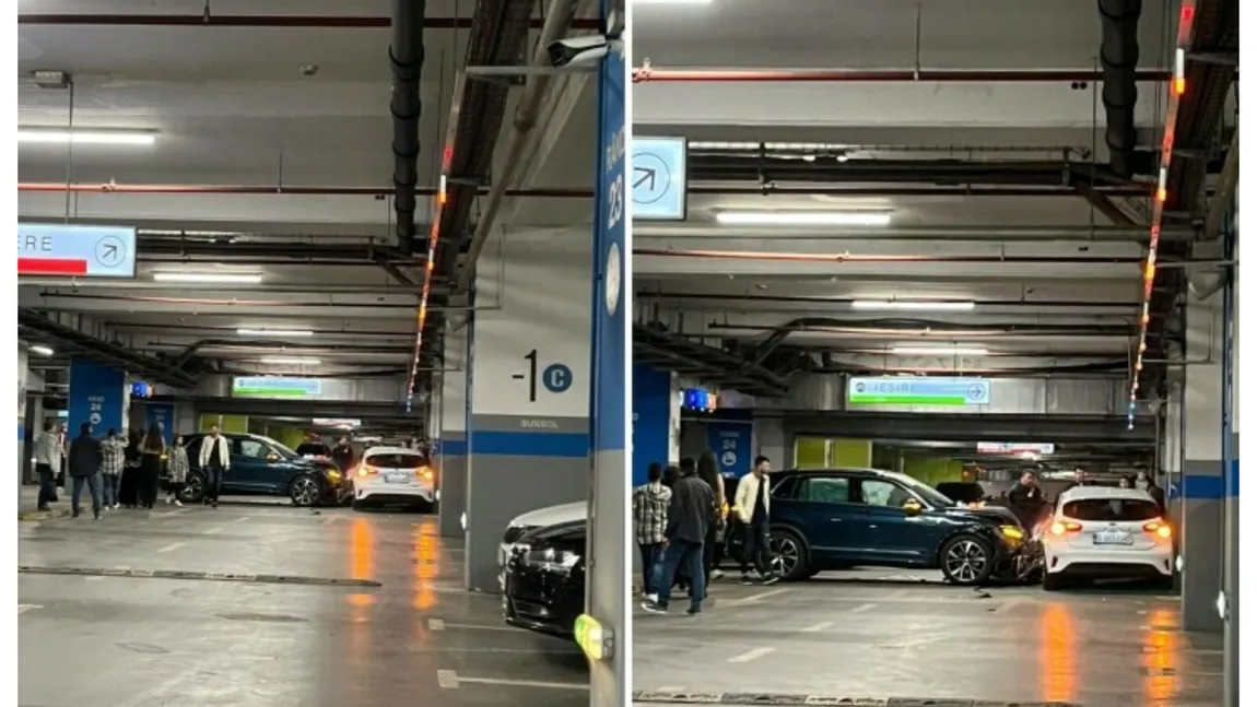 Accident cu cinci maşini în parcarea unui mall din Capitală. Două persoane au ajuns la spital VIDEO