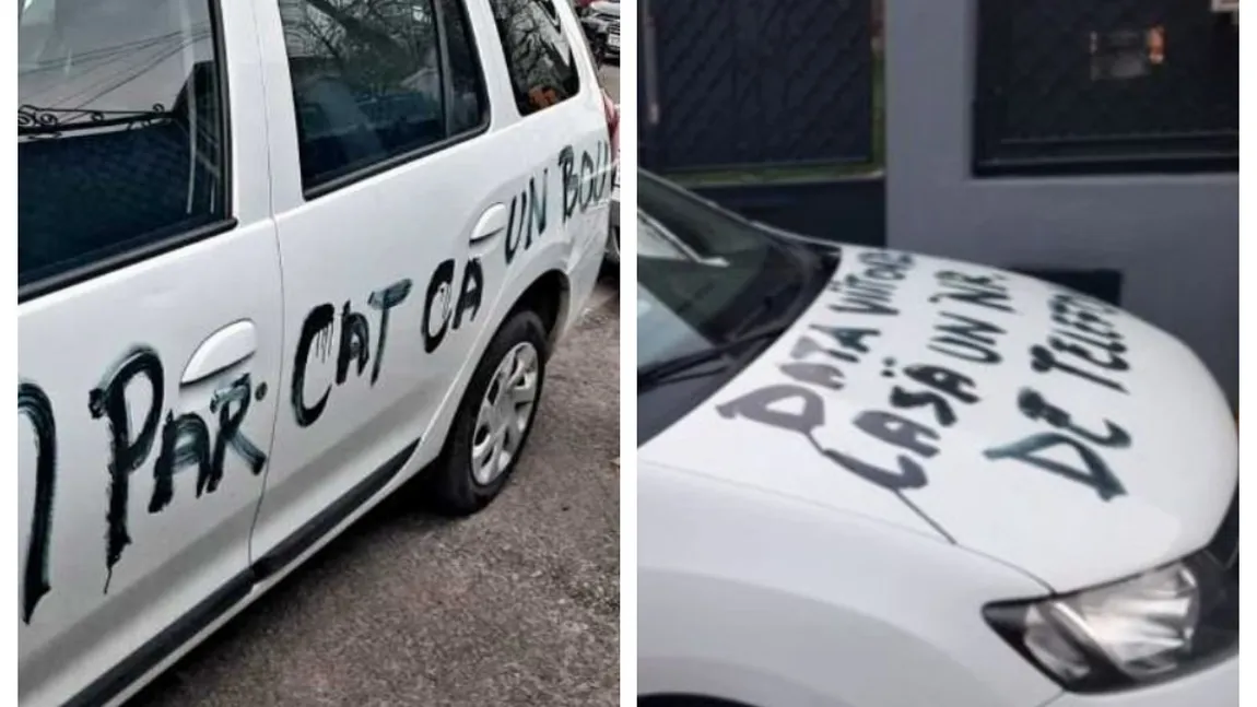 Maşină vandalizată după ce şoferul a blocat accesul într-o curte. Mesajul scris pe capota autoturismului cu vopsea neagră