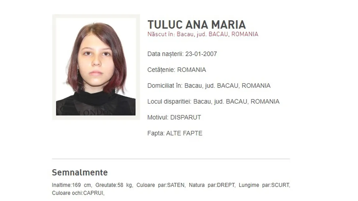 Fiica şefului Poliţiei Municipiului Bacău, dată dispărută. Tatăl ei a fost implicat în ancheta dublului asasinat de la Oneşti