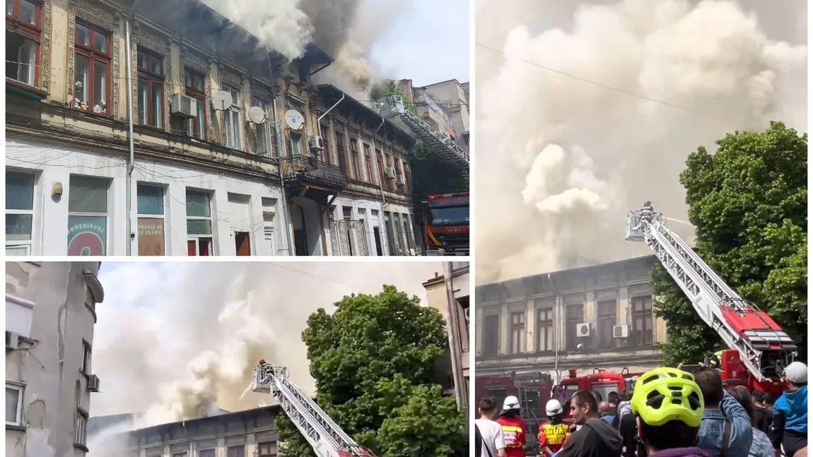 Incendiu puternic în centrul Capitalei, la o clădire cu două etaje. Sunt degajări masive de fum. VIDEO