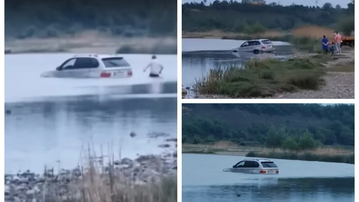 Şoferul unui BMW a rămas blocat în apele Bistriţei, după ce a vrut să traverseze râul cu maşina VIDEO