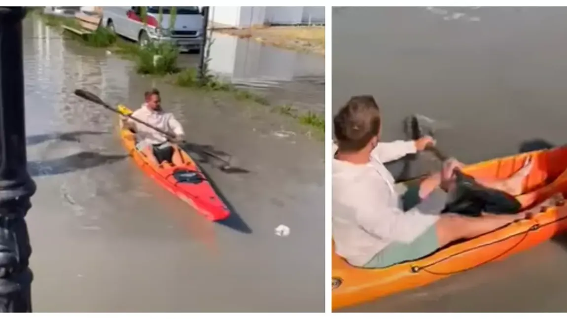 Imagini incredibile în Mamaia Nord! Un tânăr a ieșit pe străzi să se plimbe cu caiacul