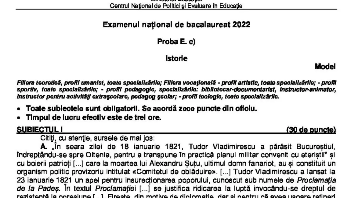 Subiecte istorie Bac 2022 edu.ro. Cum se poate lua notă mare la proba obligatorie