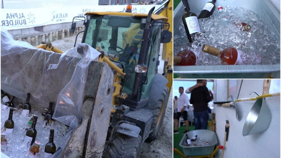 Ultima fiţă pe litoral. Şampanie adusă cu excavatorul într-un club din Mamaia - VIDEO