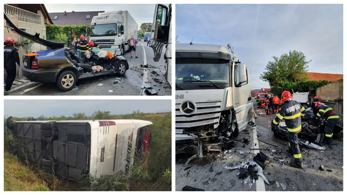 Val de accidente în România. Un autocar s-a răsturnat pe Autostrada A1. Doi morţi după ce o maşină s-a ciocnit cu un TIR pe DN1