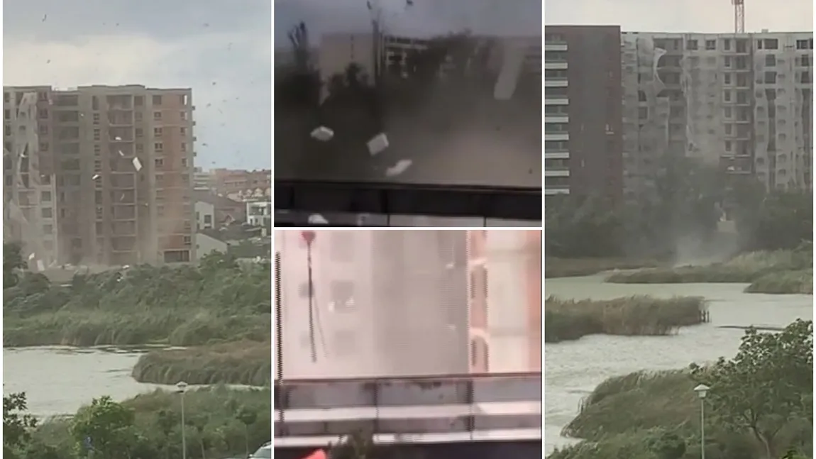 Mini-tornadă spectaculoasă la Cluj! Vârtejul puternic a antrenat bucăţi de materiale de construcţie care au spart geamurile oamenilor. VIDEO