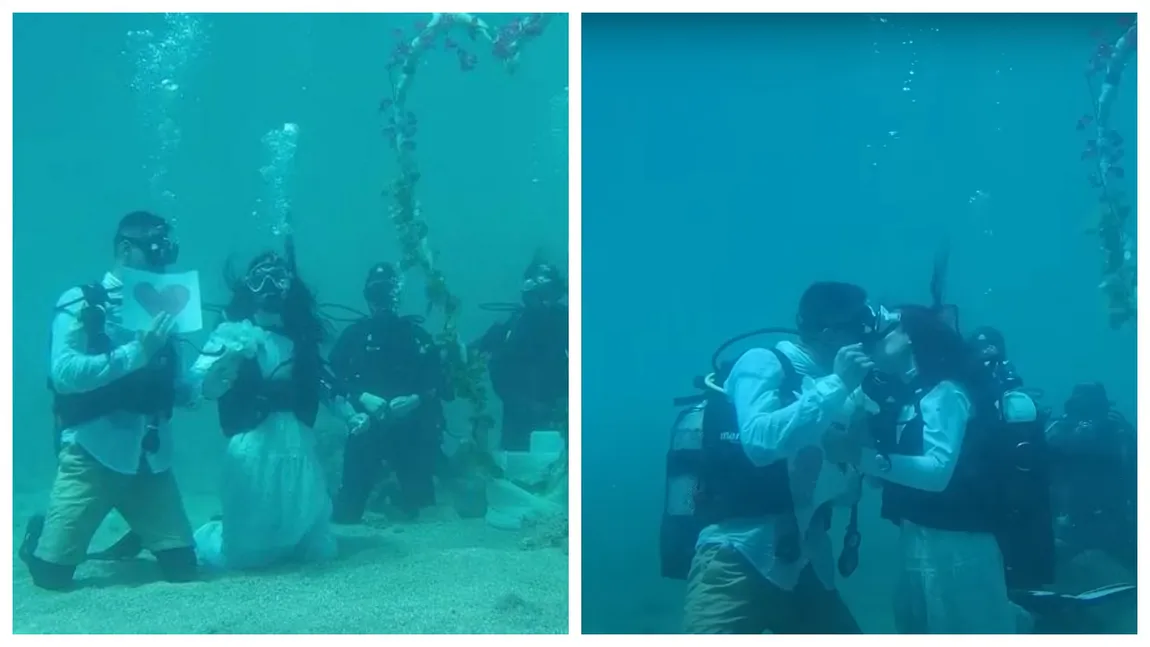 Nuntă inedită în Grecia! Un cuplu s-a căsătorit sub apă, iar invitații au făcut zile întregi cursuri de scufundare ca să poată fi prezenți