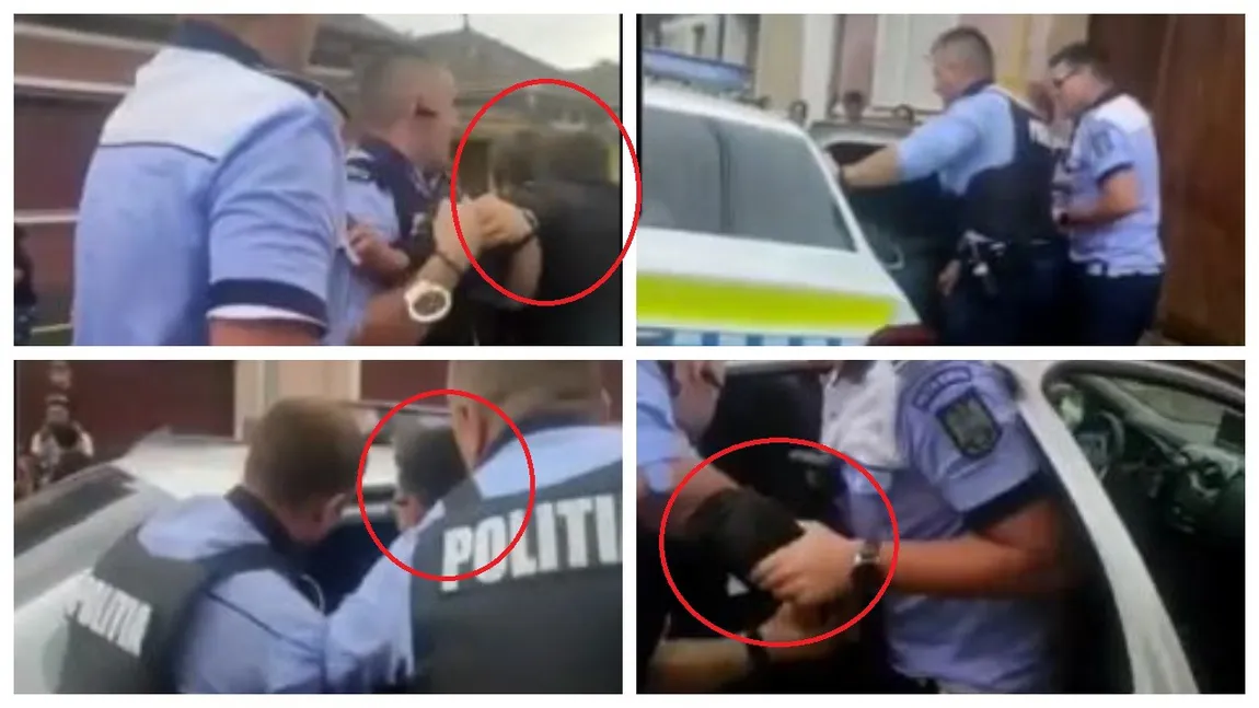 VIDEO Polițiști din Orăștie, filmaţi în timp ce se luptă să bage în mașină un bărbat. Ei îl bagă pe o uşă, el iese pe alta