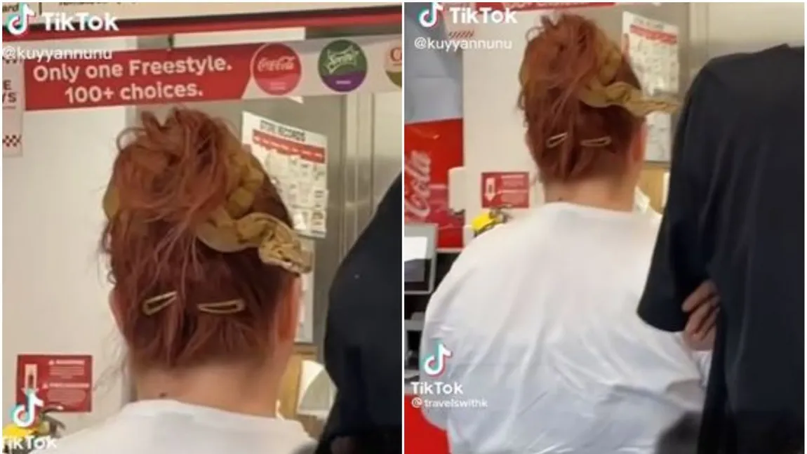 Panică la un restaurant de tip fast-food! O femeie a folosit un șarpe în loc de elastic pentru a-și prinde părul. Imagini devenite virale pe internet