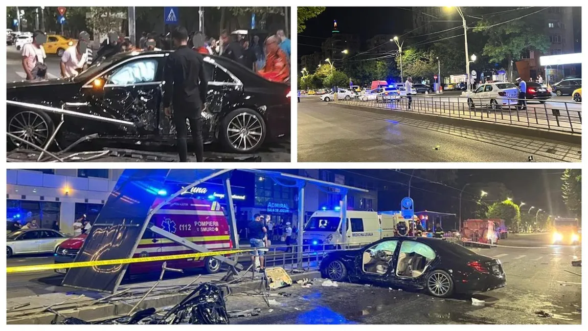 VIDEO: Cum a murit, de fapt, șoferul de 40 de ani în Mercedesul S Class de 120.000 euro, noaptea, în București. Mașina nu avea decât ușile avariate după ce s-a izbit de un refugiu de tramvai. Accident horror