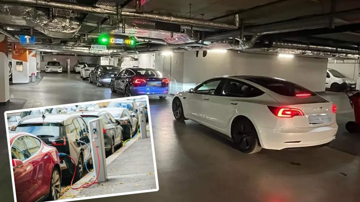 Video! Culmea crizei energetice! Bucureștenii cu Tesla de zeci de mii de euro stau ore întregi la coadă, noaptea, în parcarea subterană de la mall, ca să-și încarce mașinile electrice gratis