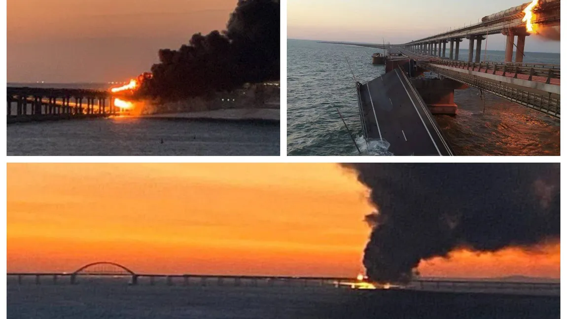 VIDEO Momentul exploziei de pe podul care leagă Crimeea de Rusia a fost filmat de camere de supraveghere. Rusia spune că incendiul a fost provocat de explozia unei maşini capcană
