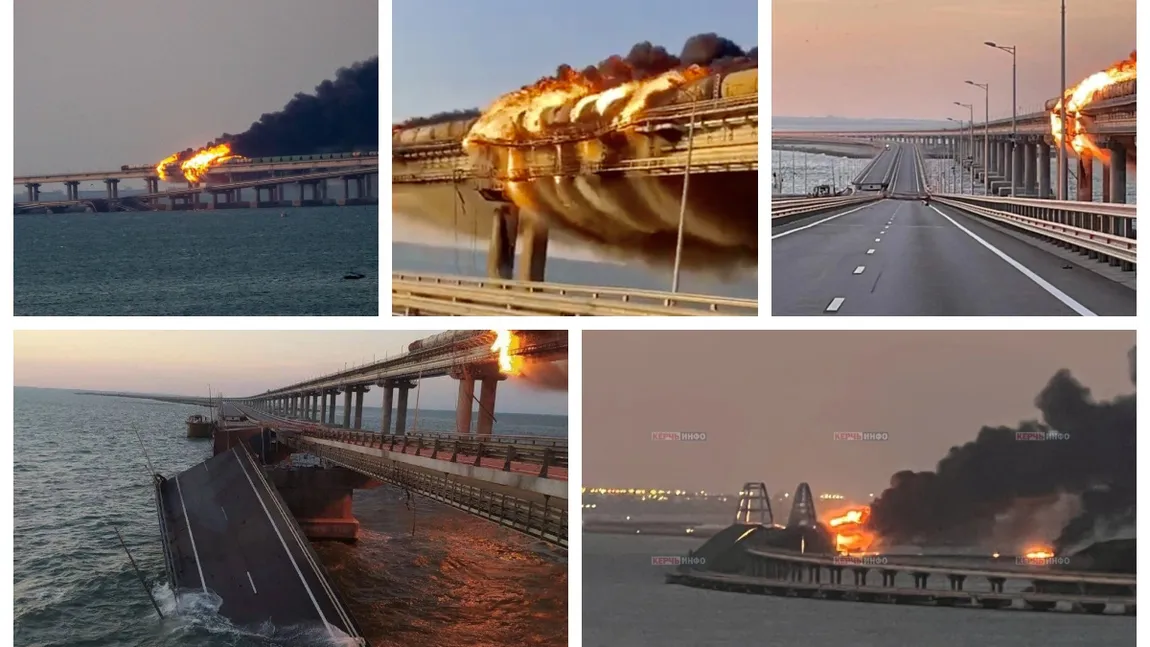 Incendiu pe podul care leagă Crimeea de Rusia. O cisternă cu combustibil a luat foc. O parte din podul Kerci s-a prăbuşit în mare