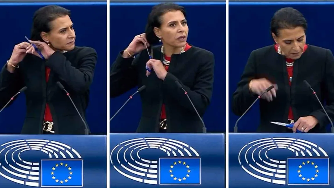 O europarlamentară şi-a tăiat părul în timpul discursului său din Parlamentul European în semn de susţinere pentru demonstraţiile din Iran după moartea Mahsei Amini - VIDEO