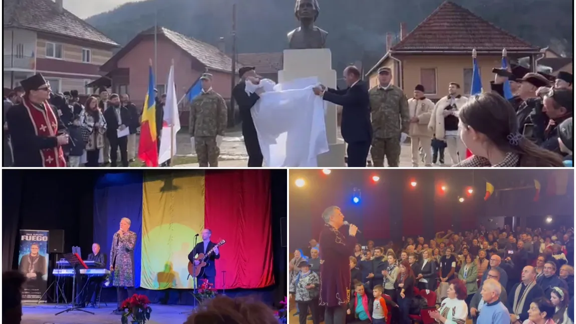 Bustul poetului naţional Mihai Eminescu, dezvelit la Covasna în ajunul Zilei Naţionale a României. Fuego, invitat în secuime să cânte în cadrul unui spectacol patriotic