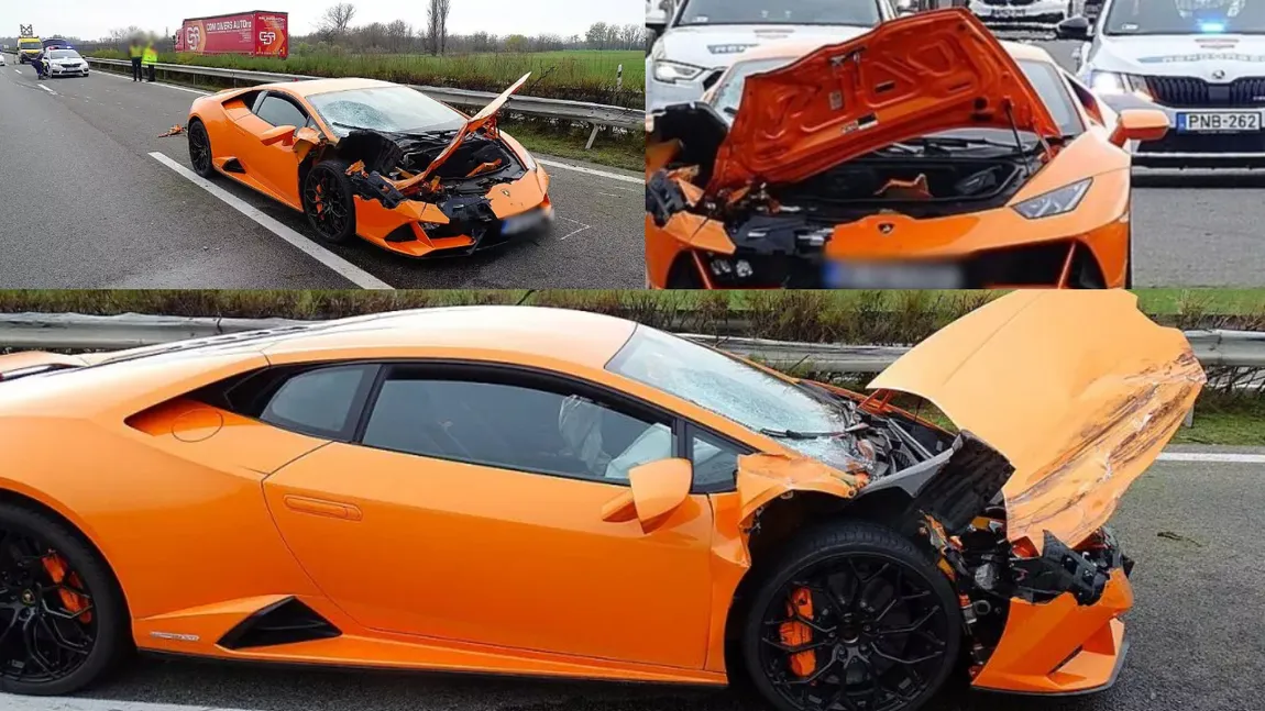 Lamborghini Huracan în valoare de 250.000 de dolari, înmatriculat în România, distrus într-o cursă ilegală pe o stradă din Ungaria