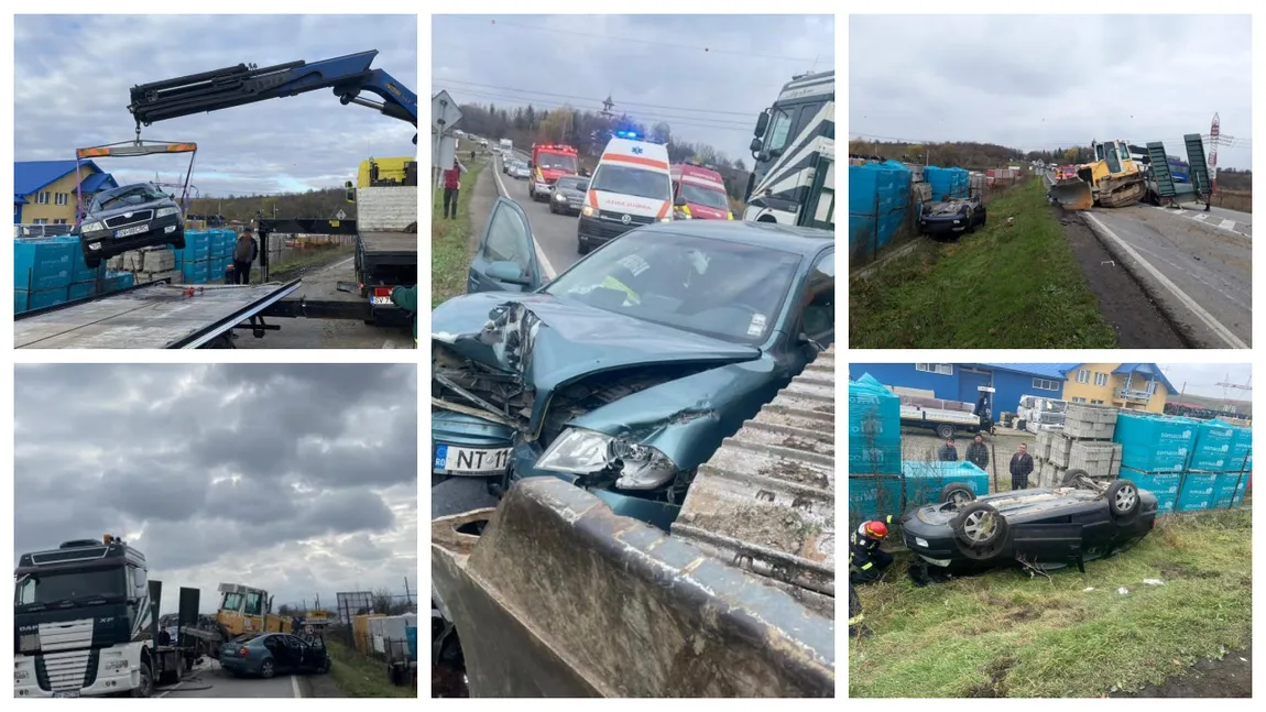 Incident grav pe E85. Un buldozer cu șenile a căzut de pe o platformă peste două mașini. Trei persoane au ajuns la spital