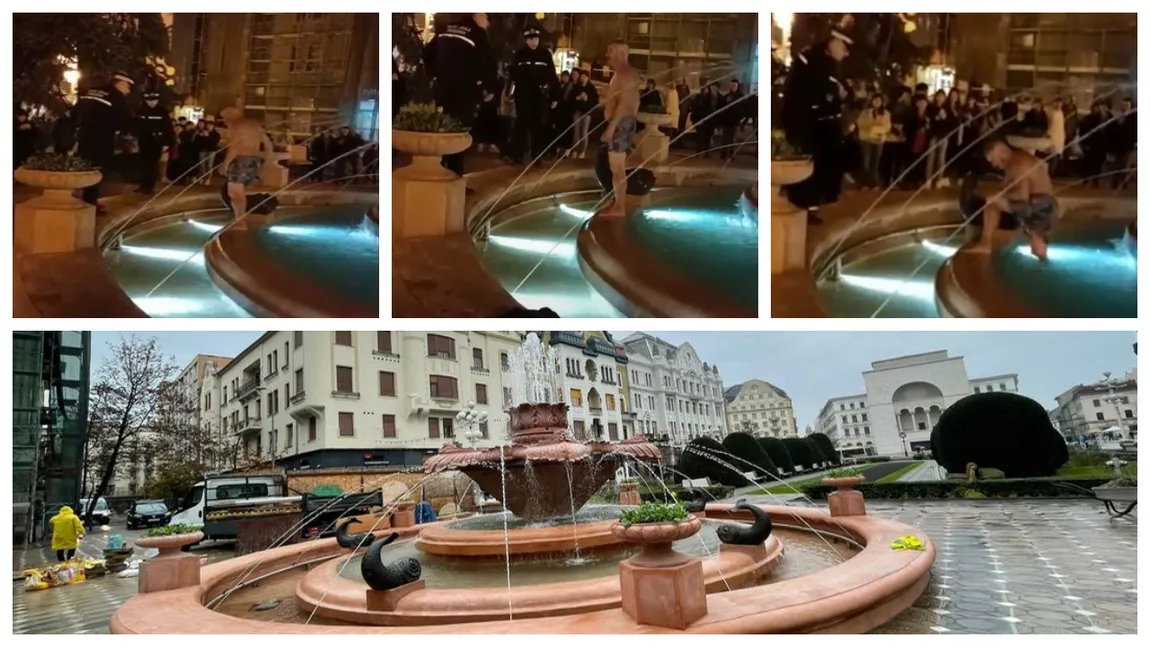 Imagini de noaptea minții în Timișoara! Un bărbat s-a bălăcit în Fântâna cu Pești imediat după inaugurare. Individul a fost scos din apă de polițiști și dus direct la Psihiatrie ca să se ”încălzeazscă”