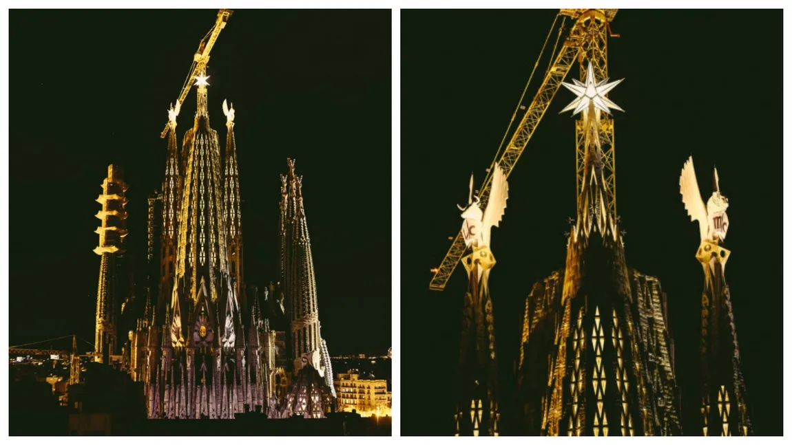 Imagini spectaculoase cu turnurile evangheliștilor Marcu și Luca ale bazilicii Sagrada Familia. Au fost iluminate pentru prima oară