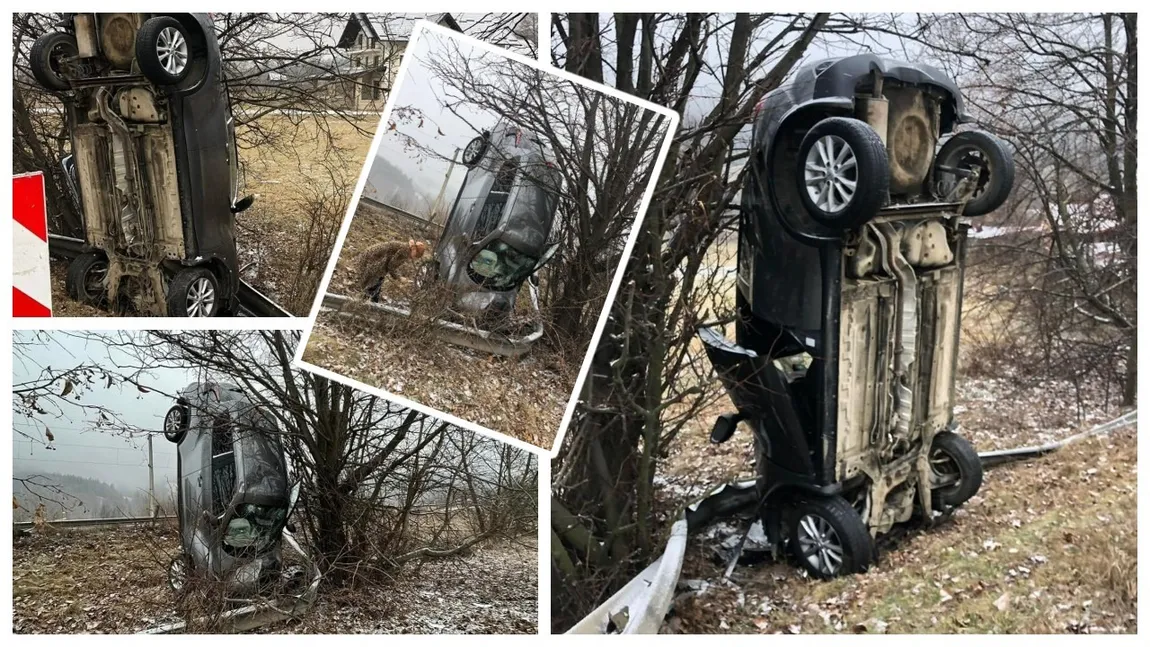 Mașină înfiptă în pământ după un accident în Suceava