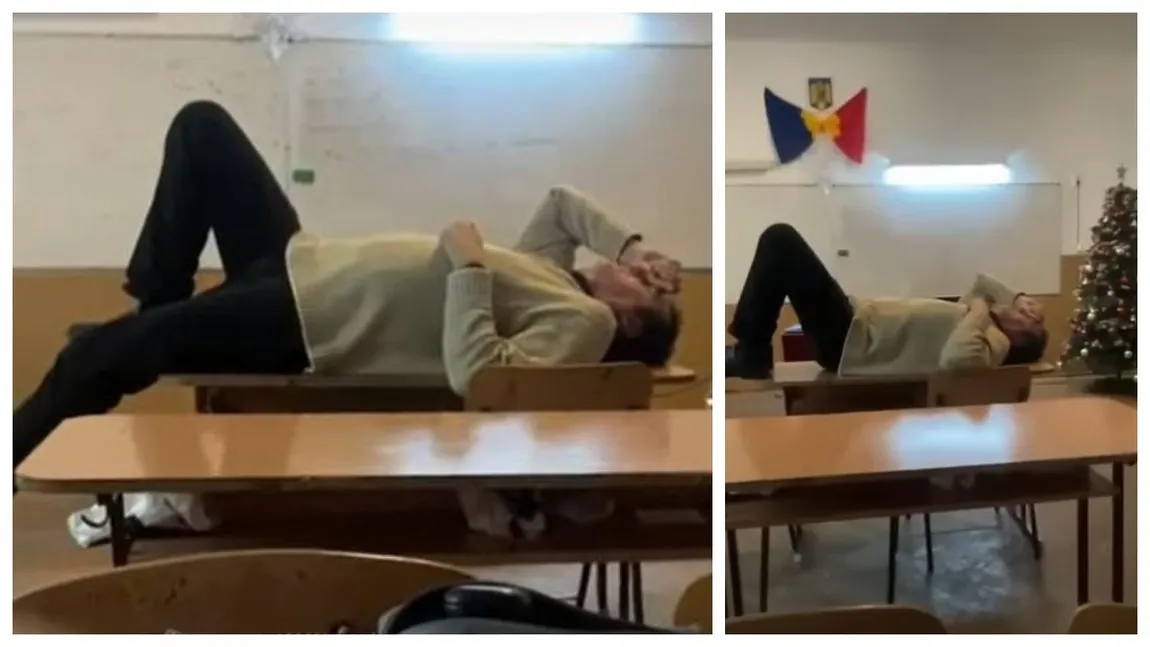 Profesor filmat de elevi cum stă întins pe o bancă din clasă: ”Domnu', vreți să vă facem un masaj? Te pricepi? Și unde să-mi faci?”