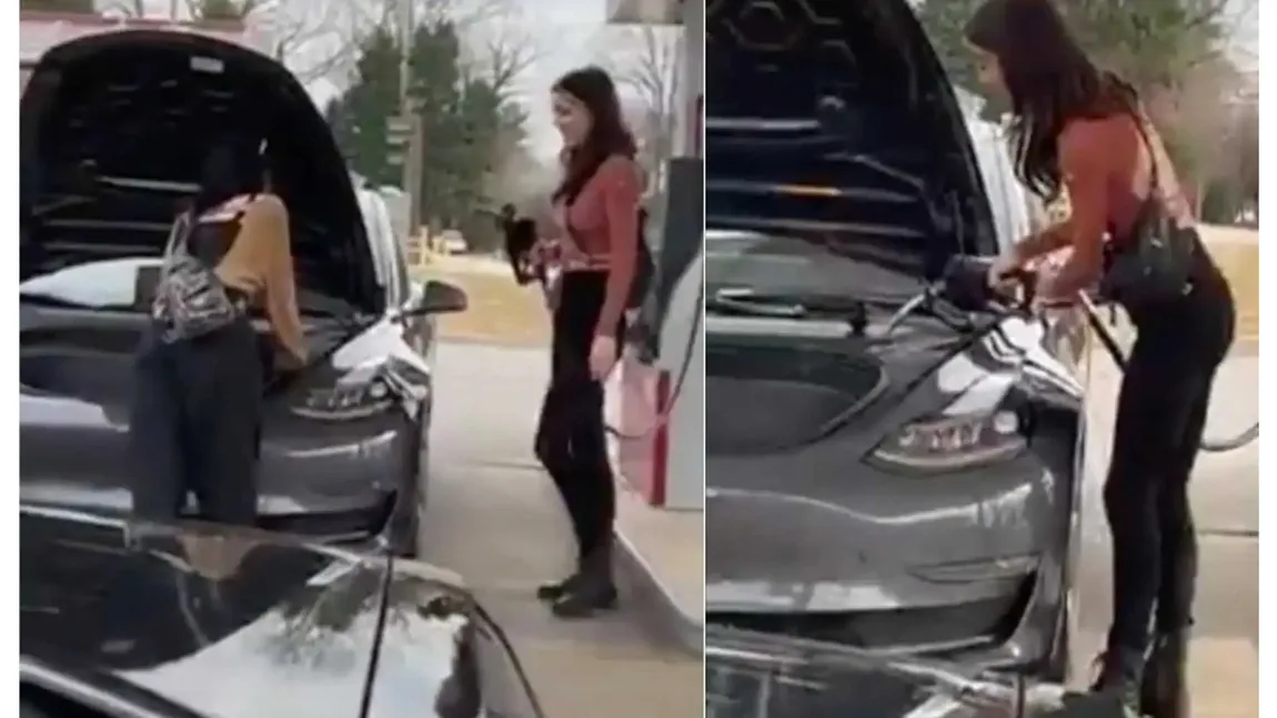 VIRALUL începutului de an: Două femei au încercat să alimenteze o Tesla cu benzină VIDEO