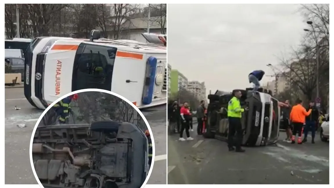 Ambulanță care transporta un pacient, răsturnată în Sectorul 4 al Capitalei, după ce a fost lovită de o mașină. Traficul e blocat