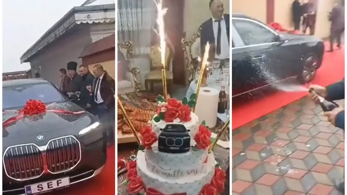 VIDEO / Cumpărarea unui BMW, motiv de petrecere cu șampanie, tort și manele pentru o familie din România
